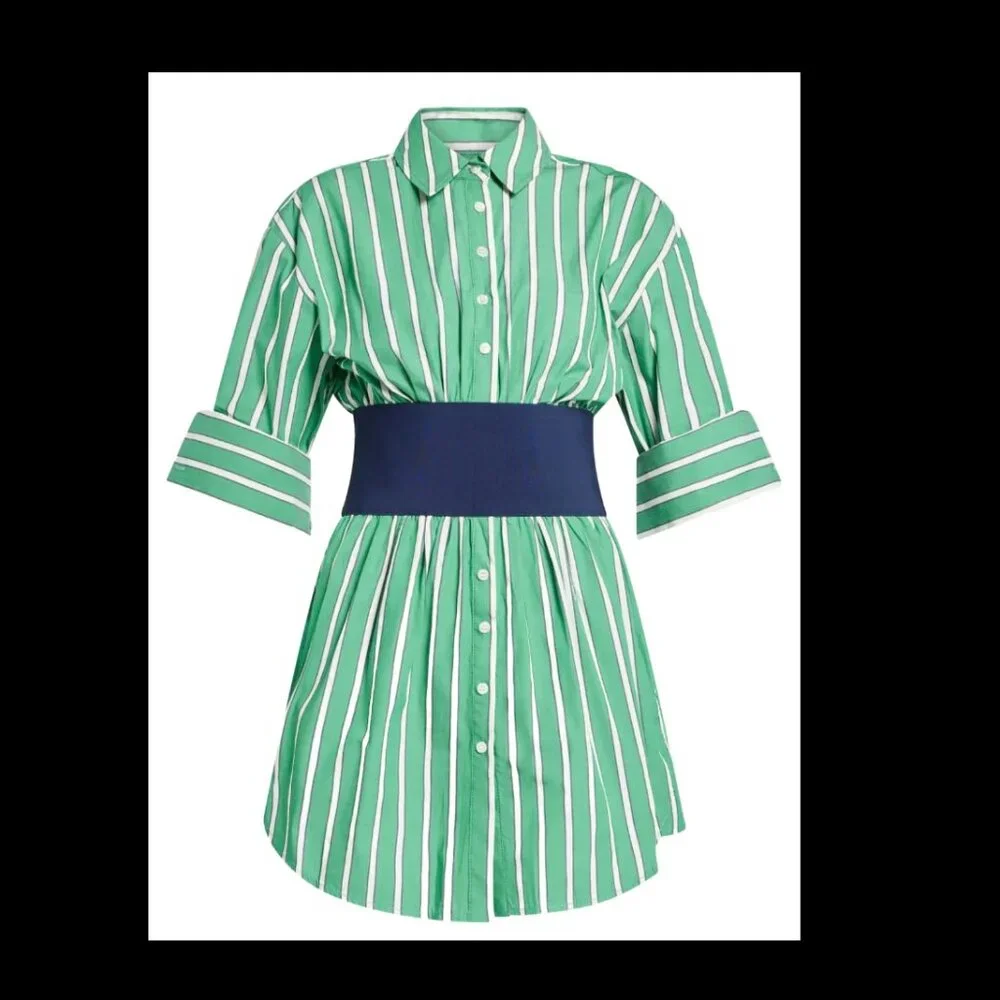 STAUD Michelle Striped Shirt Mini Dress Seaweed Green Size M NWT Chic Versatile - Picture 15 of 16